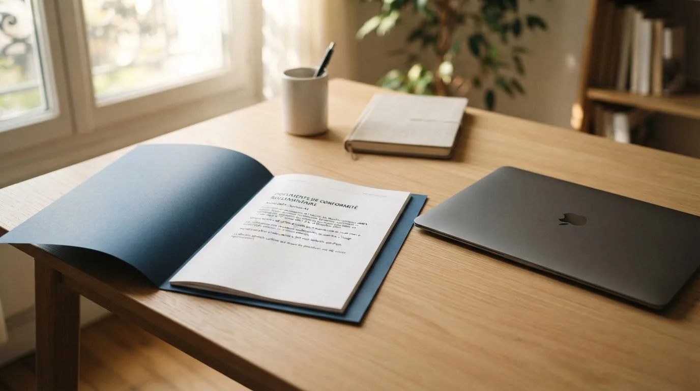 Un dossier réglementaire ouvert sur un bureau, à côté d'un ordinateur portable.