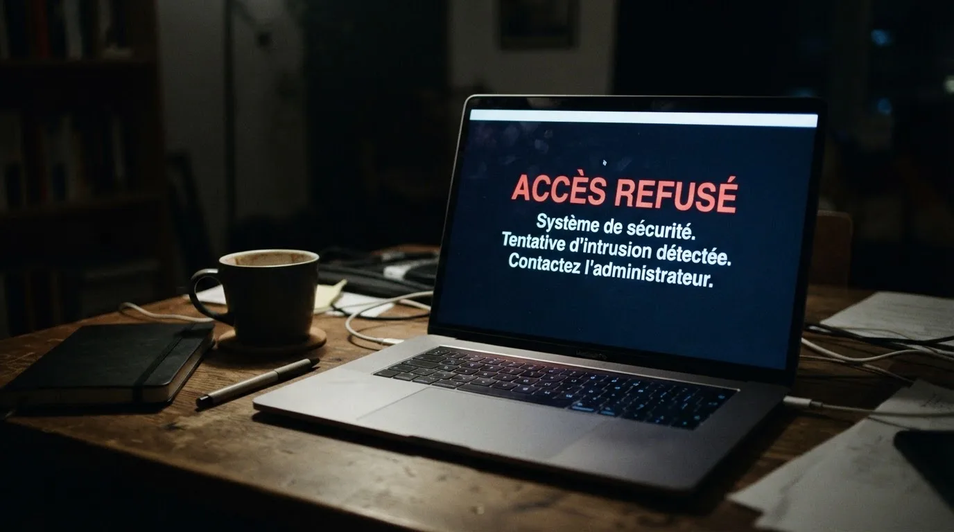 Un écran affichant un message d'accès refusé, dans une pièce sombre.