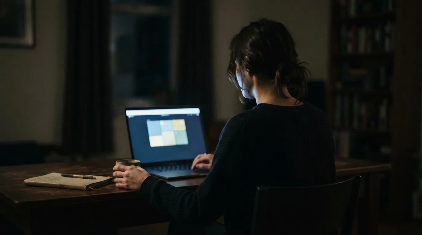Une personne assise seule face à un ordinateur portable tard le soir.